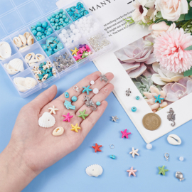 1 x DIY Ocean sieradenmaak set – 406-delige kralenmix met schelpen, turquoise en metalen bedels – gemengde kleuren