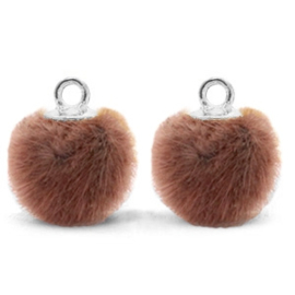 2 x Pompom bedels met oog faux fur 12mm Red brown-silver