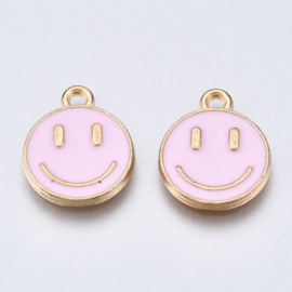 2 x Bedel Enamel light gold Smiley 14,5 x 12mm oogje: 1,5mm pearl pink