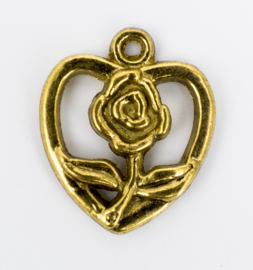 10 x goudkleurige bedel van een hart met roos 18,8 mm x 16 mm