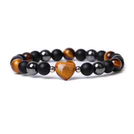 Armband – tijgeroog, hematiet en zwarte kralen – elastisch – ca. 19 cm – met hart en metalen accenten