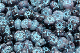 4 x Tsjechische Glaskralen Mallow Flower Pressed Beads  8x8mm Grijs Turquoise blauw