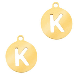 Roestvrij stalen (RVS) Stainless steel bedel rond 10mm initial coin K Goudkleur