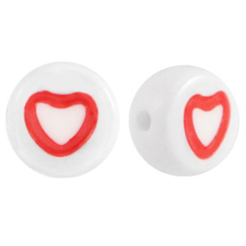 20 x hartjes  tussen cijfer en letter kraal van acryl hartjes Rood wit ca. 7mm (Ø1.8mm) ♥