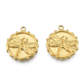 1 x Ion Plating(IP) 304 RVS 304 bedel Libelle Real 18K Gold Plated, 21 x 18 x 2,5mm oogje 1,6mm