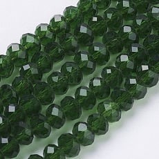 1 x Streng met ca. 95 glaskralen facet rondelle briolette kristal – 6 x 4 mm – gat 1 mm – Dark Green AB Plated
