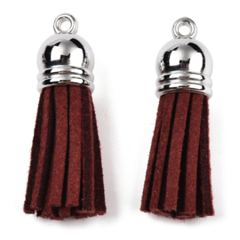 2 x Suede kwastje met messing 35–37 x 10 mm – oogje 1,8 mm – dark red / platinumkleur