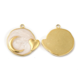 1 x RVS 304  Bedel rond maan en hartje cornsilk, 18K goldplated 17,5 x 17 x 2mm oogje: 1,4mm