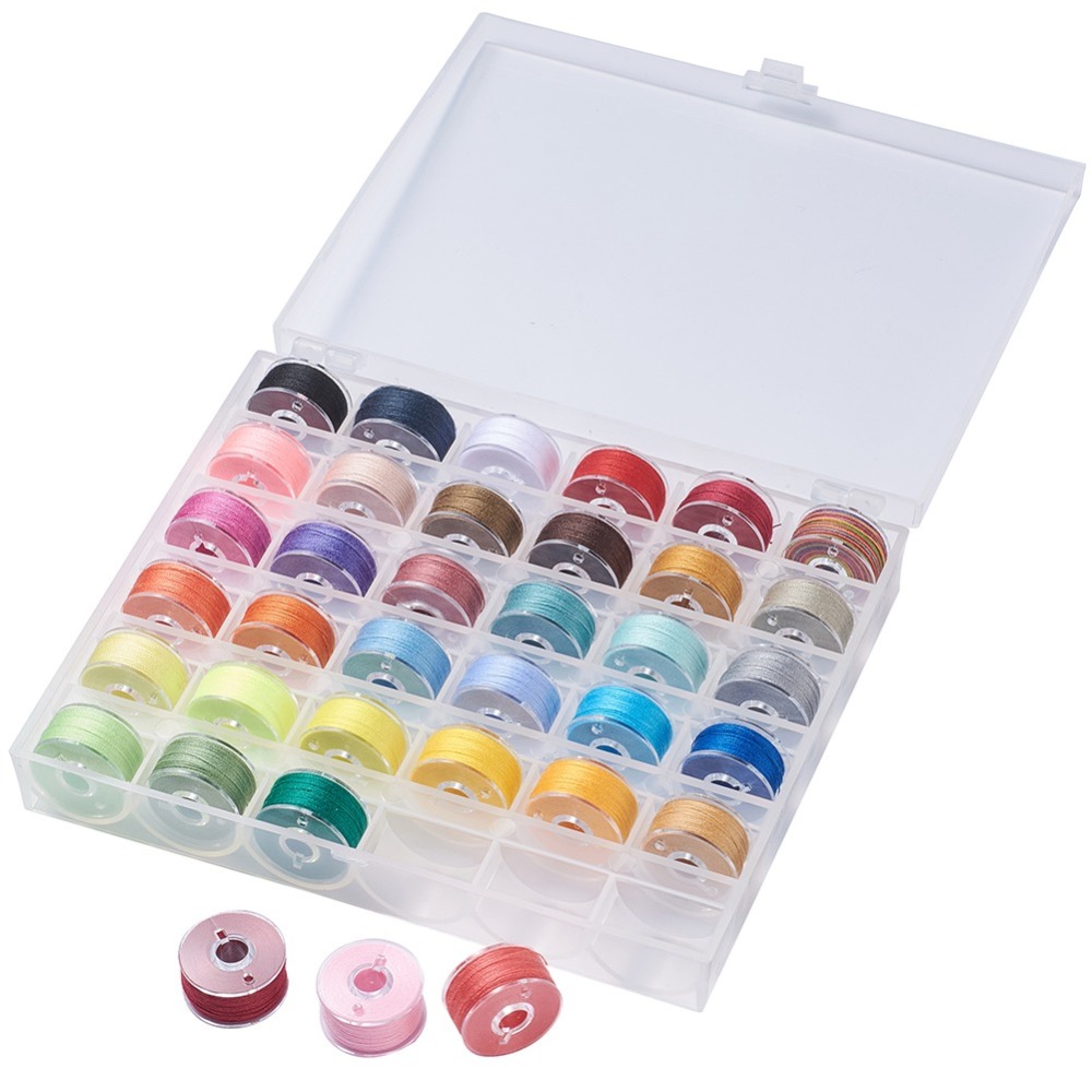 Set van 36 x Polyester naaigaren op kunststof spoeltjes met transparant opbergdoosje – gemixte kleuren – 0,1 mm – 50 meter per rol