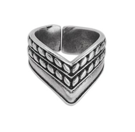 1 x DQ Metaal dames en herenring V vorm dubbel gevlochten , antiek zilverkleur 17mm verstelbaar (Nikkelvrij)