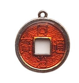 2 x Chinese geluksmunt emaille 20 x 23mm oogje: 1,5mm rood bruin
