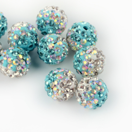 2 x Shamballa kralen polymer clay strass kralen 9~10mm  gat: 2mm aquamarine