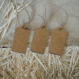 100 x blanco bruine prijskaartjes met bruin koordje van elastiek 15 x 30mm