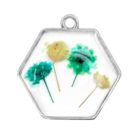 1 x Bedels met gedroogde bloemetjes hexagon Silver-green yellow