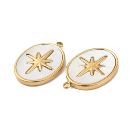 1 x RVS 304 Ion Plating (ip) Bedel met schelp ovaal ster wit, 14K goldplated 20,5 x 14 x 2mm oogje 1,5mm
