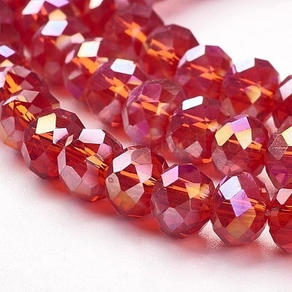 1 x Streng met ca. 87-90 stuks glaskralen facet rondelle briolette kristal – 6 x 4 mm, gat 1 mm – Red AB Plated