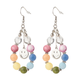 1 paar RVS oorbellen met gemixte edelsteen kralen met 201 RVS smiley's en 304 RVS haakjes en draad