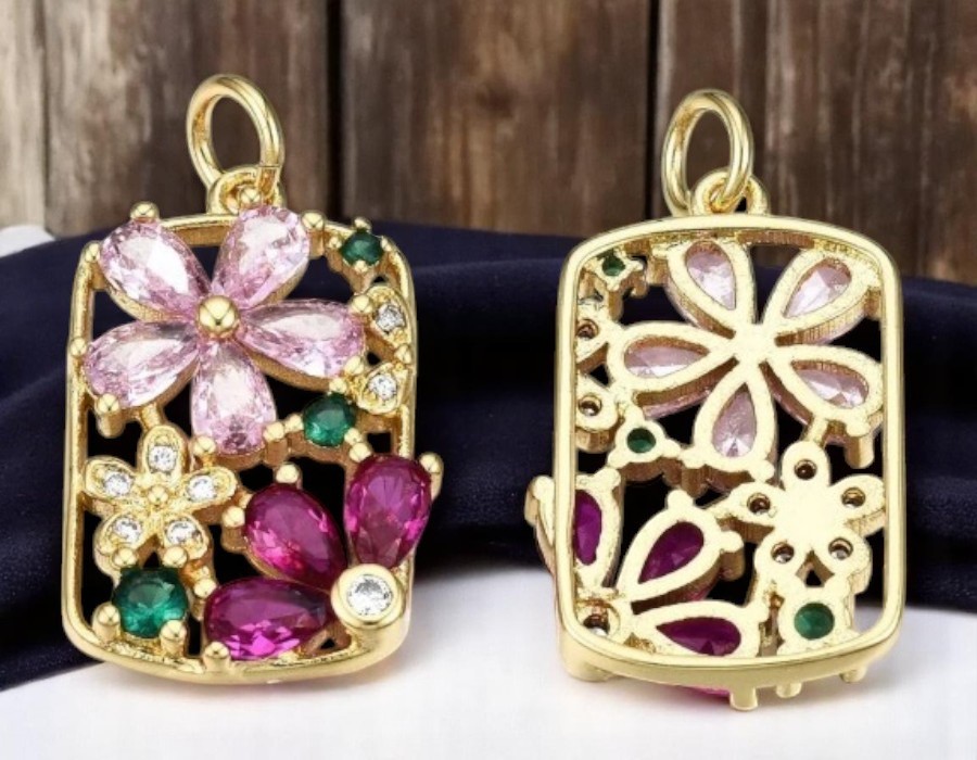 1 x Bedel bloemen met zirconia stenen 21,5 x 14mm – Roze 16K gold plated (Nikkelvrij)