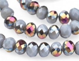 1 x Streng met ca. 100 glaskralen facet rondelle briolette kristal – 6 x 4 mm – gat 1 mm – Gray AB Plated