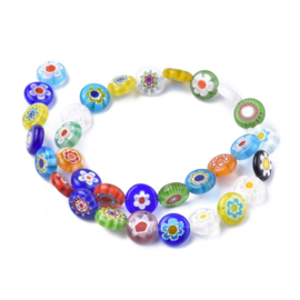 10 x Handgemaakte Millefiori glaskralen plat rond, 12 x 5mm gat: 1mm