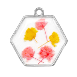 1 x  Bedels met gedroogde bloemetjes hexagon Silver-pink yellow