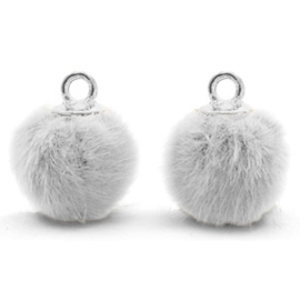 2 x Pompom bedels met oog faux fur 12mm Light grey-silver