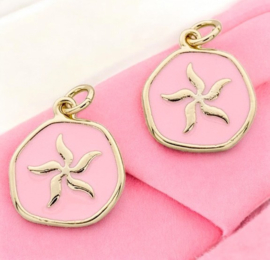 Bedel roze emaille met zeester, 18K Gold plated 16,5 x 14,5 x 2,5mm oogje 3,5mm
