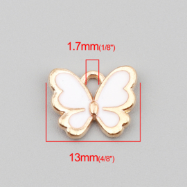 2 x DQ vlinder bedel gold plated wit 13mm x 11mm oogje 2mm
