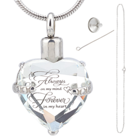 Gedenk hanger mini urn Always On My Mind, Forever In My Heart met RVS kettng incl. vulsetje Clear
