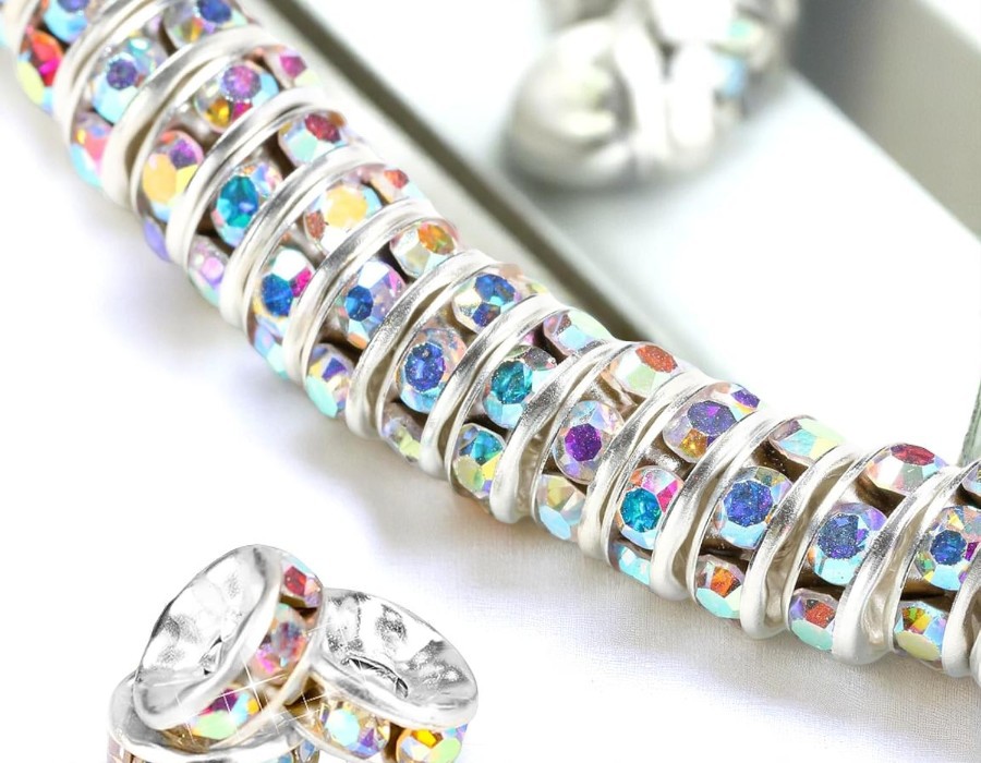 50 x Verzilverde kristal rondellen – ca. 8 mm – kleur blank AB – gat ca. 1 mm