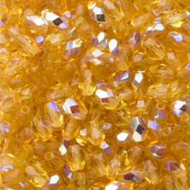 15 x  ovaal Tsjechische kralen facet kristal 6 x 4mm kleur: ab goud geel Gat c.a.: 1mm