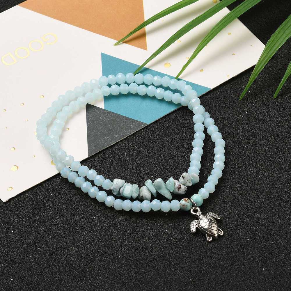 Set van 2 elastische armbandjes met schildpad bedels en Larimar & Turquoise edelsteen kralen – antiek zilverkleur