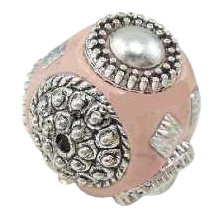 Bohemian kraal of Kashmiri kraal licht roze met zilver, 18 mm, gat 1,2 mm