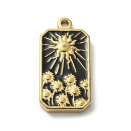 304 RVS Bedel emaille rechtoek zwart zon goud kleur  Afm: 25,5 x 13 x 3mm Ø 2mm