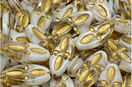 2 x Tsjechische Glaskralen Eyed Ship Pressed Beads 20x09mm wit goud