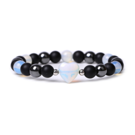Armband – opaliet, hematiet en zwarte kralen – elastisch – ca. 19 cm – met hart en metalen accenten