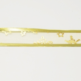 1 meter luxe organza lint met goud glitter 25mm ster blad met metaaldraad
