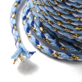 1 rol Metallic gevlochten koord – katoen/polyester mix – 1,5 mm – Cornflower Blue met goudkleurige draad – 4 meter