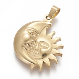 1 x RVS 304 Zon maan bedel 32 x 26 x 3mm, Goud kleur, met bails hanger:  4 x 6mm