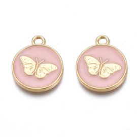 2 x Bedel emaille roze rond vlinder, licht goud kleur 18 x 15 x 2 oogje 2mm (Nikkelvrij)