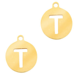 Roestvrij stalen (RVS) Stainless steel bedel rond 10mm initial coin T Goudkleur