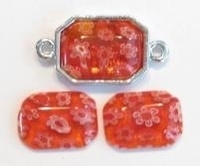 4 x plaksteen glas Italian style rechthoek Oranjerood millefiori  14 ,5 x 10,5 x 3mm   (excl. houder)