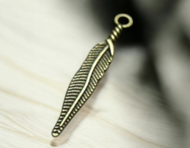 6 x Metalen bedeltje van een veer 5 x 29mm gat: 2mm geel koper kleur