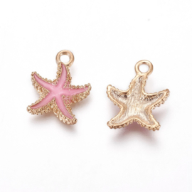 2 x Metalen bedels zeester light gold hot pink ca. 18 x14,5 x 3mm oogje 1,4mm  (Nikkelvrij)