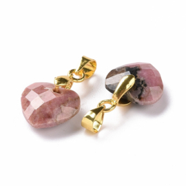 1 x Edelsteen bedel hart rhodoniet 12 x 11 x 5 mm – oogje 4,5 x 3,5 mm – goudkleur