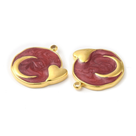 1 x RVS 304  Bedel rond maan en hartje Dark Red, 18K goldplated 17,5 x 17 x 2mm oogje: 1,4mm