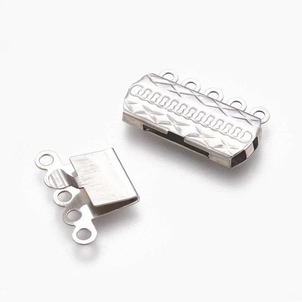 1 x Tarnish Resistant 201 RVS boxsluiting – 5-strengs – 10 gaatjes – rechthoek met patroon – RVS kleur – 19,5 x 14,3 x 2,5 mm – gat ca. 1,2 mm