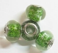 Per stuk Glaskraal European-style Groen met glitters 14 mm