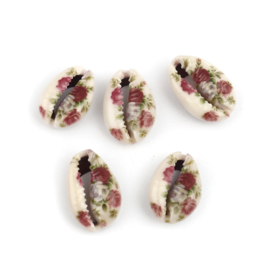 5 x  handbeschilderde kauri schelp kralen met rode bloemen 25 x 17mm-18mm x 14mm