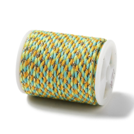 1 rol Metallic gevlochten koord – katoen/polyester mix – 1,5 mm – Yellow Green met goudkleurige draad – 4 meter